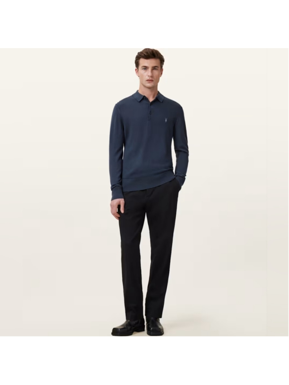 All Saints Mode Merino Long Sleeve Ramskull Polo Shirt size M in EUC